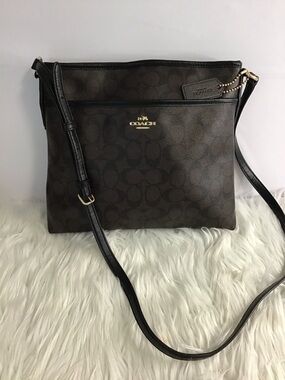 Coach Signature Zip File Crossbody Bag Brown Canvas Black Leather